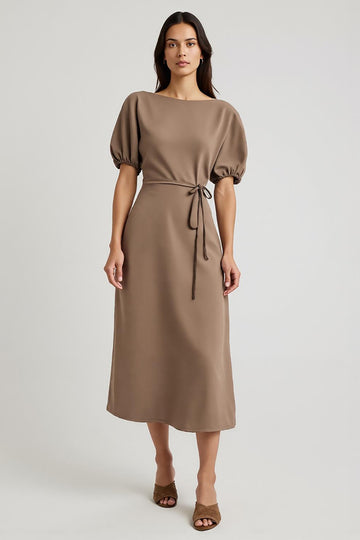 Coffee A Line Bateau Neck Tea Length Formal Dress with Sleeves